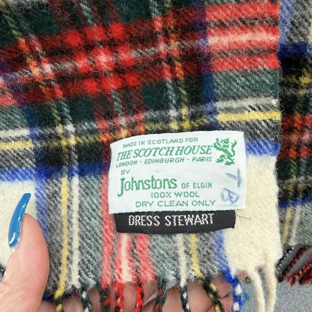 VTG Johnstons Elgin Scarf White Dress Stewart Tartan Wool Plaid Classic Scottish